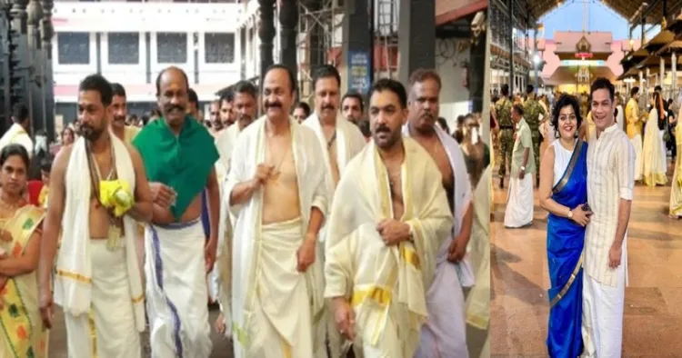 (Left) CM Satheeshan at Guruvayoor temple (Right) Hibi Eden at Guruvayoor temple