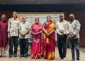 Shri Jandhyala Sharath- Shri Saraswatula Rama Narasimham (Sarasi)- Shri Damera Saibaba - G. Vallishwar (VP-Samachara Bharati)- Smt Vijaya Bharati (NHRC Member)- Smt Lakshmi Rao - Prof. G. Gopal Reddy, President, Samachara Bharati- Shri Booram Prashant (Left to Right) at Narada Jayanti event in Hyderabad