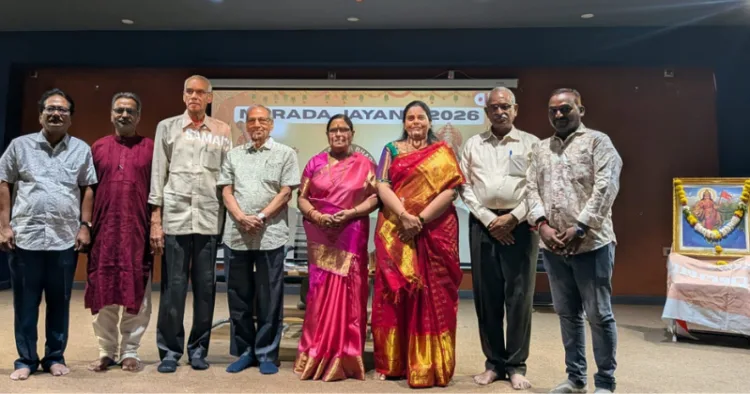 Shri Jandhyala Sharath- Shri Saraswatula Rama Narasimham (Sarasi)- Shri Damera Saibaba - G. Vallishwar (VP-Samachara Bharati)- Smt Vijaya Bharati (NHRC Member)- Smt Lakshmi Rao - Prof. G. Gopal Reddy, President, Samachara Bharati- Shri Booram Prashant (Left to Right) at Narada Jayanti event in Hyderabad