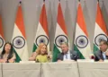 Gloria Gangte, Ambassador to Norway; Pooja Kapur, Additional Secretary, North Europe; Sibi George, Secretary (West);
Randhir Jaiswal, MEA official spokesperson (Left to Right)