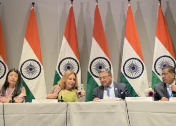 Gloria Gangte, Ambassador to Norway; Pooja Kapur, Additional Secretary, North Europe; Sibi George, Secretary (West);
Randhir Jaiswal, MEA official spokesperson (Left to Right)