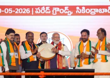 Prime Minister Narendra Modi at the BJP public meeting at the Secunderabad Parade Grounds in Hyderabad