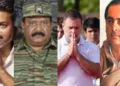 TN CM Joseph Vijay; late LTTE chief Prabhakaran, Congress leader Rahul Gandhi, former PM Rajiv Gandhi (Left to Right)