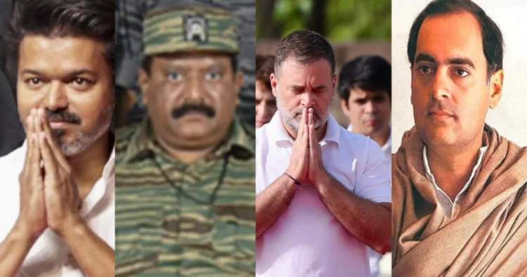TN CM Joseph Vijay; late LTTE chief Prabhakaran, Congress leader Rahul Gandhi, former PM Rajiv Gandhi (Left to Right)