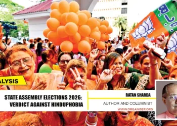 HISTORIC MANDATE: BJP supporters celebrate the victory of the party in West Bengal, Assam and Puducherry Assembly election 2026