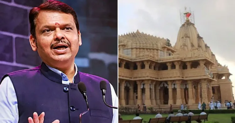 (Left) Maharashtra CM Devendra Fadnavis (Right) Somnath Mandir
