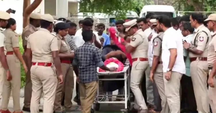 Body of the girl who was brutally assaulted and murdered in Sulur on a stretcher surrounded by policemen