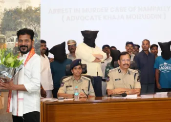 Congress leader Alam Khan with Telanganan CM Revanth Reddy (File Photo) (left); Hyderabad Police Commissioner VC Sajjanar speaking to media in murder case. (Right)