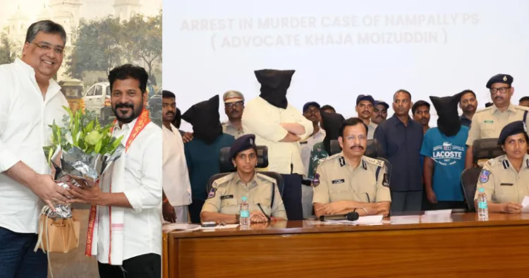 Congress leader Alam Khan with Telanganan CM Revanth Reddy (File Photo) (left); Hyderabad Police Commissioner VC Sajjanar speaking to media in murder case. (Right)