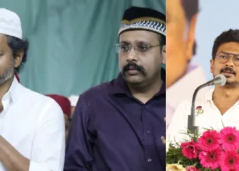 Tamil Nadu CM Joseph Vijay , TVK Madurai Central MLA VMS Mustafa , Udayanidi Stalin, DMK MLA (Left to Right)