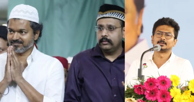 Tamil Nadu CM Joseph Vijay , TVK Madurai Central MLA VMS Mustafa , Udayanidi Stalin, DMK MLA (Left to Right)