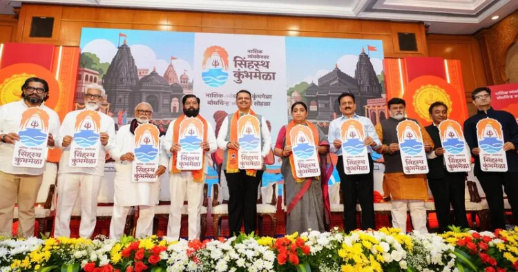 Chief Minister Devendra Fadnavis, Deputy CM Eknath Shinde and Deputy CM Sunetra Ajit Pawar.along with other dignitaries on the stage at the unveiling of Nashik Kumbh's logo