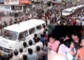 Ambulances carrying the bodies of Marad massacre victims leaving the Kozhikode Medical College Hospital.