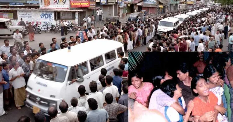 Ambulances carrying the bodies of Marad massacre victims leaving the Kozhikode Medical College Hospital.