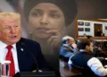 US President Donald Trump (left), US Congress MP Ilhan Omar (background) and LoP Rahul Gandhi in a meeting with Ilhan Omar during his US visit in 2024 (right)