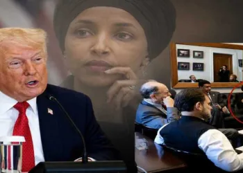 US President Donald Trump (left), US Congress MP Ilhan Omar (background) and LoP Rahul Gandhi in a meeting with Ilhan Omar during his US visit in 2024 (right)