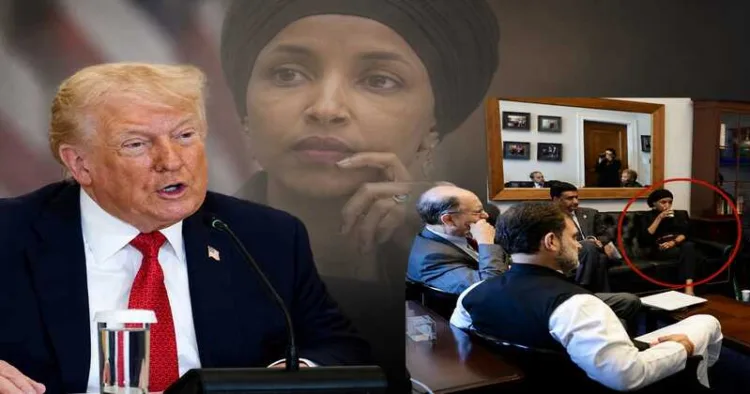 US President Donald Trump (left), US Congress MP Ilhan Omar (background) and LoP Rahul Gandhi in a meeting with Ilhan Omar during his US visit in 2024 (right)