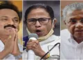 Chief Ministers MK Stalin (Left), Mamata Banerjee and Pinarayi Vijayan (Right)