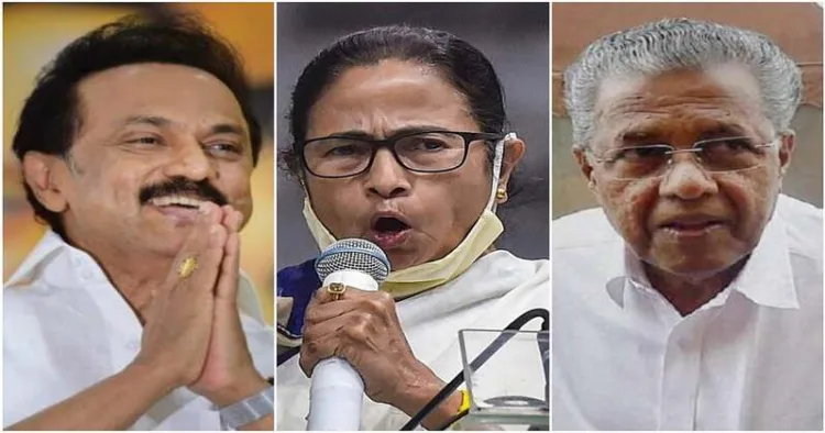 Chief Ministers MK Stalin (Left), Mamata Banerjee and Pinarayi Vijayan (Right)