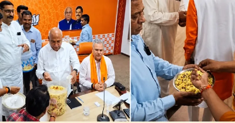 BJP supporters celebrate the win in state assembly elections by eating Jhalmuri