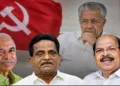CPI(M) rebel winners V. Kunhikrishnan (Left), T.K. Govindan (Middle), G. Sudhakaran (Right), Ex-Keralam CM Pinarayi Vijayan (Background)