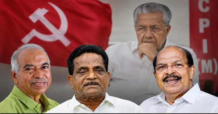 CPI(M) rebel winners V. Kunhikrishnan (Left), T.K. Govindan (Middle), G. Sudhakaran (Right), Ex-Keralam CM Pinarayi Vijayan (Background)