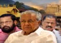 Keralam's former Devaswom minister Kadakampalli Surendran (left) former CM Pinarayi Vijayan (Middle) and CPI(M) state Secretary MV Govindan (Right)