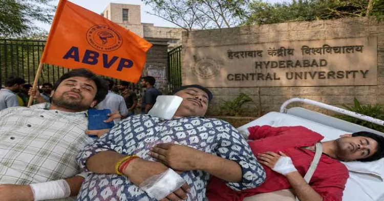 Injured ABVP karyakartas undergoing treatment following attack by SFI members at Hyderabad Central University.