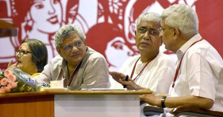CPI(M) then-General Secretary Sitaram Yechury with Prakash Karat (right), Manik Sarkar (centre) and Brinda Karat (left) at the party’s 21st National Congress in 2015