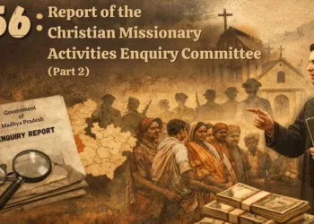 A historical report examines missionary organisations in India, describing their wide-ranging activities across education, health, and social welfare, and their alleged role in conversions