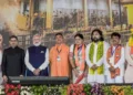 Prime Minister Narendra Modi with West Bengal Governor RN Ravi, State Chief Minister Suvendu Adhikari and BJP MLAs Agnimitra Paul, Nisith Pramanik, Kshudiram Tudu, and others, during the oath-taking ceremony as party forms government in the state for the first time, at Brigade Parade Ground in Kolkata
