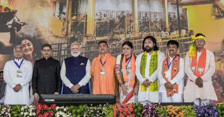 Prime Minister Narendra Modi with West Bengal Governor RN Ravi, State Chief Minister Suvendu Adhikari and BJP MLAs Agnimitra Paul, Nisith Pramanik, Kshudiram Tudu, and others, during the oath-taking ceremony as party forms government in the state for the first time, at Brigade Parade Ground in Kolkata