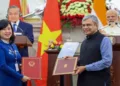 Union Minister Ashwini Vaishnaw and Vietnam's Health Minister Dao Hong Lan exchange a Memorandum of Understanding (MoU) at the Hyderabad House, in New Delhi