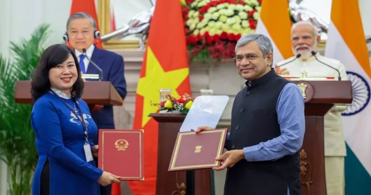Union Minister Ashwini Vaishnaw and Vietnam's Health Minister Dao Hong Lan exchange a Memorandum of Understanding (MoU) at the Hyderabad House, in New Delhi