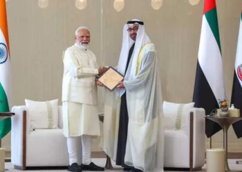 Prime Minister Narendra Modi with UAE President Sheikh Mohamed bin Zayed Al Nahyan in Abu Dhabi