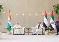 PM Modi and UAE President Mohamed Nahyan witness the exchange of agreements in Abu Dhabi, including major investment, energy and ship repair cooperation pacts between India and the UAE.