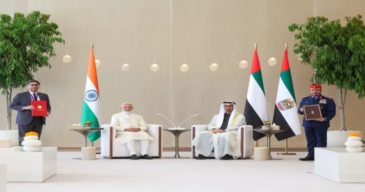 PM Modi and UAE President Mohamed Nahyan witness the exchange of agreements in Abu Dhabi, including major investment, energy and ship repair cooperation pacts between India and the UAE.