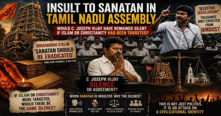 Tamil Nadu Assembly row has sparked debate on secularism and double standards, with C. Joseph Vijay’s silence during remarks linked to Udhayanidhi Stalin raising questions