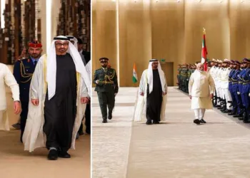 PM Modi with UAE President Mohamed Nahyan during a ceremonial reception in Abu Dhabi as India and the UAE strengthened cooperation in energy, defence and strategic sectors