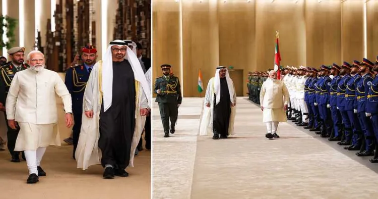 PM Modi with UAE President Mohamed Nahyan during a ceremonial reception in Abu Dhabi as India and the UAE strengthened cooperation in energy, defence and strategic sectors