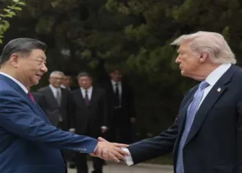 President Trump shakes hands with China's President Xi Jinping as he leaves after a visit to Zhongnanhai Garden in Beijing on May 15