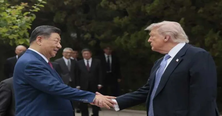 President Trump shakes hands with China's President Xi Jinping as he leaves after a visit to Zhongnanhai Garden in Beijing on May 15