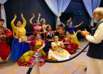 Prime Minister Narendra Modi watches cultural performances by members of the Indian diaspora in the Netherlands during a community reception showcasing India’s classical and folk dance traditions