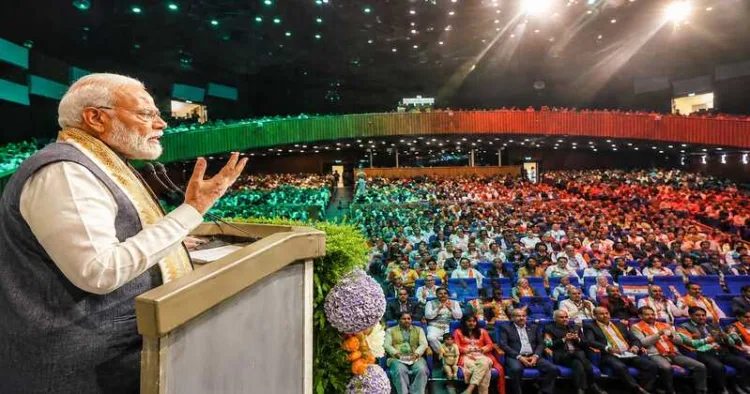 PM Modi addresses members of the Indian diaspora in The Hague during a community event in the Netherlands as part of his five-nation diplomatic tour
