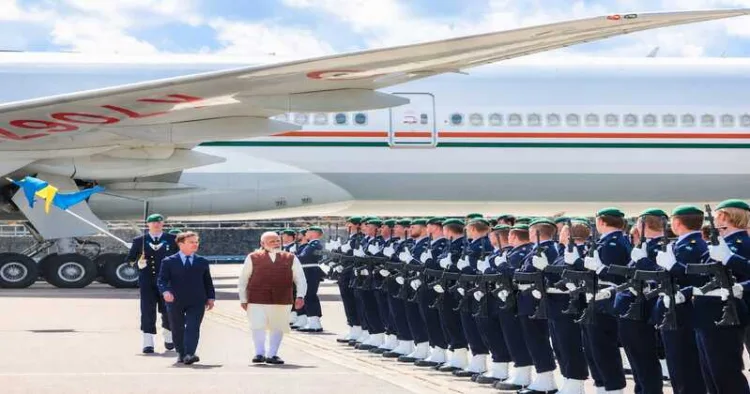 PM Modi walks alongside Swedish PM Ulf Kristersson during a ceremonial reception in Gothenburg