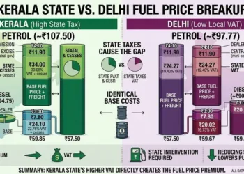 Keralam motorists are paying significantly more for petrol and diesel than consumers in Delhi, with state taxes emerging as the biggest driver behind the widening fuel price gap