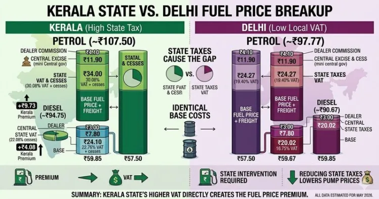 Keralam motorists are paying significantly more for petrol and diesel than consumers in Delhi, with state taxes emerging as the biggest driver behind the widening fuel price gap