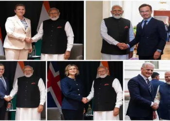 Clockwise from top left: PM Modi with Denmark PM Mette Frederiksen, Swedish PM Ulf Kristersson, Norwegian PM Jonas Gahr Store, Iceland PM Kristrún Mjoll Frostadottir and Finland PM Petteri Orpo ahead of the third India-Nordic Summit in Oslo.