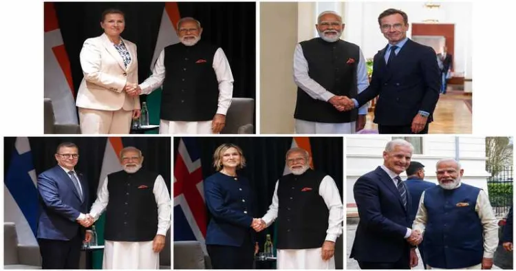 Clockwise from top left: PM Modi with Denmark PM Mette Frederiksen, Swedish PM Ulf Kristersson, Norwegian PM Jonas Gahr Store, Iceland PM Kristrún Mjoll Frostadottir and Finland PM Petteri Orpo ahead of the third India-Nordic Summit in Oslo.