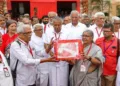 Former Keralam Chief Minister Pinarayi Vijayan, CPI(M) politburo Prakash Karat, Biman Bose, CPI General Secretary D. Raja and other leaders during the 24th party congress of CPI (M), in Madurai, Tamil Nadu in 2025.